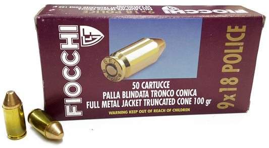 MUNICIÓN FIOCCHI - 9X18MM. POLICE - 100 GRAINS - FMJTC & 100 grains - FMJTC